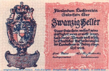 Notgeld Fürstentum Liechtenstein 522 , 20 Heller Schein in kfr. o.D. Notgeld Liechtenstein