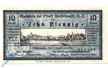 Notgeld Finsterwalde , 10 Pfennig Schein , mit Wz , Tieste 1870.05.11 , von 1919 , Brandenburg Verkehrsausgabe