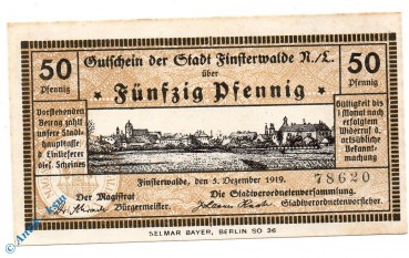 Notgeld Finsterwalde , 50 Pfennig Schein , druck schwarz , Tieste 1870.05.03 , von 1919 , Brandenburg Verkehrsausgabe