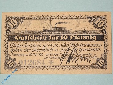 Notgeld Flensburg , 10 Pfennig Schein , Tieste 1885.40.01 , von 1920 , Schleswig Holstein Verkehrsausgabe