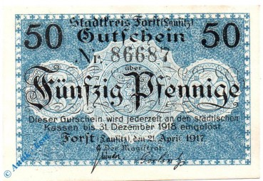 Notgeld Forst , 50 Pfennig Schein bis 31.12.1918 , Tieste 1905.05.05 , von 1917 , Brandenburg Verkehrsausgabe