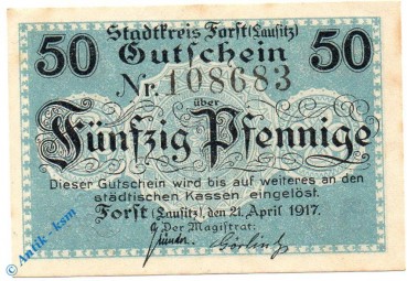 Notgeld Forst , 50 Pfennig Schein , Wz Tropfen , Tieste 1905.05.10 , von 1917 , Brandenburg Verkehrsausgabe