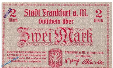 Notgeld Frankfurt a. M. 2 Mark Schein in kfr. E , Geiger 150.08 , 06.11.1918 , Hessen Großnotgeld