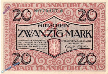 Notgeld Frankfurt a. M. 20 Mark Schein in kfr. E , Geiger 150.05 b , 15.10.1918 , Hessen Großnotgeld