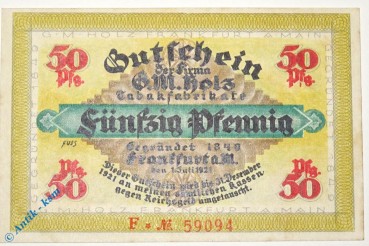 Notgeld Frankfurt , G. M. Holz , 50 Pfennig Schein F ,  Golem , Mehl Grabowski 374.2 , von 1921 , Hessen Serien Notgeld