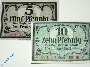 Notgeld Fraustadt , Set mit 2 Scheinen , Tieste 1945.05.15 und 16 , Schlesien Verkehrsausgabe