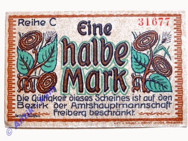 Notgeld Freiberg , Sachsen , Einzelschein über 50 Pfennig , Verkehrsausgabe , Tieste 1950.10.3 , von 1919