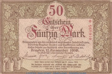 Notgeld Gem. Industrie Dresden , 50 Mark Schein in gbr.E , Geiger 109.05 von 1918 , Sachsen Grossnotgeld