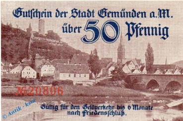 Notgeld Gemünden , 50 Pfennig Schein braun in kfr. 16 bis 21.000 , Tieste 2170.05.10 , Bayern Verkehrsausgabe