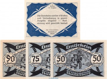 Notgeld Gemeinde-Ort Hundsberg S.402.II.b , Set mit 4 Scheinen in kfr. o.D. Notgeld Oberösterreich