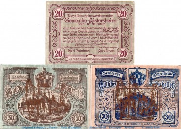 Notgeld Gemeinde Aisterheim , S.15.II Pflüger Kupfer , Set mit 3 Scheinen in kfr. 1921 , Oberösterreich