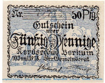 Notgeld Gemeinde Borkum 0845.05.07 , 50 Pfennig Schein in kfr. von 1918 , Niedersachsen Verkehrsausgabe