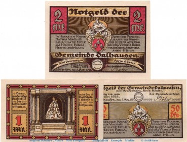 Notgeld Gemeinde Dalhausen  253.1 , Set mit 3 Scheinen in kfr. von 1921 , Westfalen Seriennotgeld