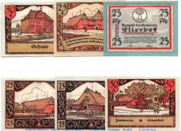 Notgeld Gemeinde Ellerbek 329.1.a , Set mit 6 Scheinen in kfr. o.D. Schleswig Holstein Seriennotgeld