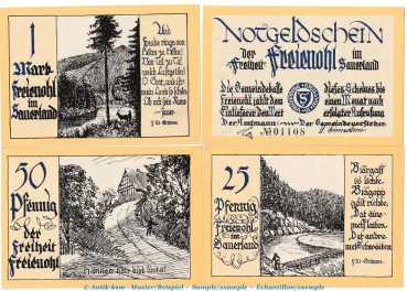 Notgeld Gemeinde Freienohl 384.1 , Set -gelb- mit 4 Scheinen in kfr. o.D. Westfalen Seriennotgeld