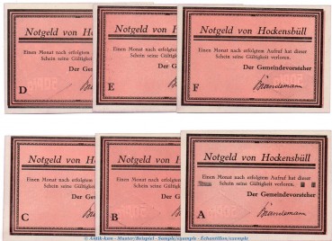 Notgeld Gemeinde Hockensbüll 614.1.b , Set mit 6 Scheinen mit -Variante Würfel- in kfr. o.D. Schleswig Holstein Seriennotgeld