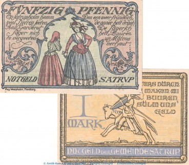 Notgeld Gemeinde Satrup 1169.1.a-b , Set mit 2 Scheinen in kfr. von 1921 , Schleswig Holstein Seriennotgeld