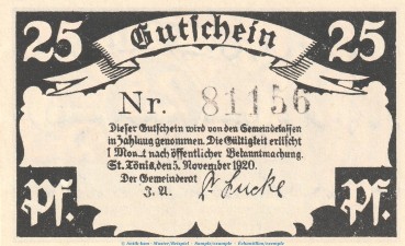 Notgeld Gemeinde St. Tönis 1167.1.a , 25 Pfennig Schein Nr.1 in kfr. von 1920 , Westfalen Seriennotgeld