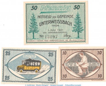 Notgeld Gemeinde Unterweissbach , Set mit 3 Scheinen in kfr. Tieste 7550.05.05-7 von 1921 , Thüringen Verkehrsausgabe