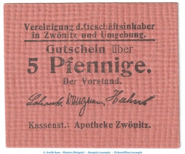 Notgeld Geschäftsinhaber Zwönitz , 5 Pfennig Schein in kfr. Tieste 8310.10.01 o.D. Sachsen Verkehrsausgabe