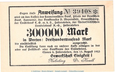 Notgeld Gewerkschaft Ehmen , 300.000 Mark Schein in kfr. Keller 1243.g-L von 1923 , Niedersachsen Inflation