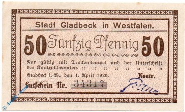 Notgeld Gladbeck , 50 Pfennig Schein , Tieste 2240.05.80 , von 1920 , Westfalen Verkehrsausgabe