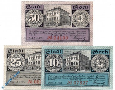 Notgeld Goch , Set mit 3 Scheinen B , Mehl Grabowski 445.2 , von 1921 , Westfalen Serien Notgeld