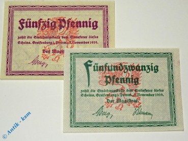 Notgeld Greifenberg , Set mit 2 Scheinen , Wz Tropfen , Tieste 2435.05.20 und 21 , von 1919 , Pommern Verkehrsausgabe