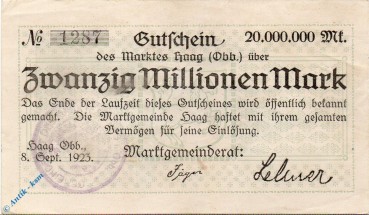 Notgeld Haag , 50 Millionen Mark Schein gbr , Keller 2028.f , 08.09.1923 , Bayern Großnotgeld