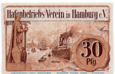 Notgeld Hafenbetriebsverein Hamburg 3765.145.21 , 30 Pfennig Schein in kfr. von 1920 , Hamburg Verkehrsausgabe