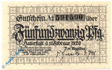 Notgeld Halberstadt , 25 Pfennig Schein mit Wz , Tieste 2730.15.36 , von 1920 , Sachsen Verkehrsausgabe