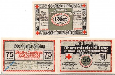 Notgeld Halberstadt 503.1 , Rotes Kreuz Set mit 3 Scheinen in kfr. von 1921 , Sachsen Anhalt Seriennotgeld