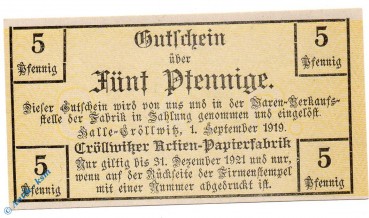 Notgeld Halle Cröllwitz , 5 Pfennig Schein , - 31.12.1921 , Tieste 2745.05.15 , von 1919 , Sachsen Verkehrsausgabe