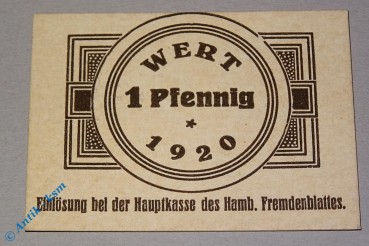 Notgeld Hamburg , Fremdenblatt , 1 Pfennig Schein , Tieste 2765.150.01 , Hamburg Verkehrsausgabe