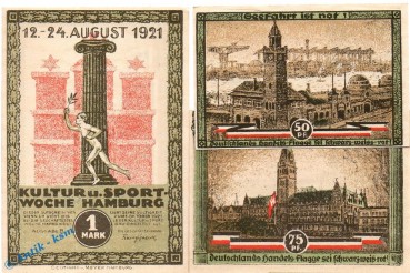 Notgeld Hamburg , Kultur und Sportwoche , Set mit 3 Scheinen in kfr. Mehl Grabowski 539.3 , von 1921 , Hamburg Seriennotgeld