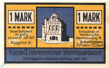 Notgeld Hamburg , Lehrerseminar , 1 Mark Schein , Mehl Grabowski 543.1 , Hamburg Serien Notgeld