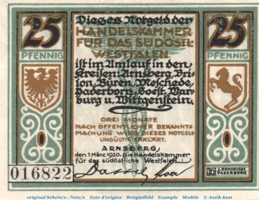 Notgeld Handelskammer Arnsberg 0195.05.01 , 25 Pfennig Schein in kfr. , von 1920 , Westfalen Verkehrsausgabe