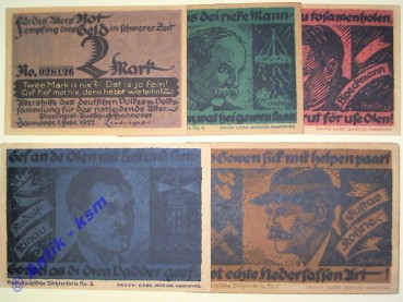 Notgeld Hannover , Altershilfe des deutschen Volkes , vollständiger Satz mit 5 Scheinen , Seriennotgeld , Niedersachsen , Mehl Grabowski 466.1 , von 1922