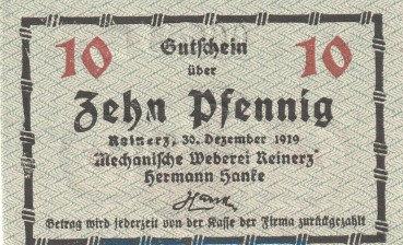 Notgeld Hermann Hanke Reinerz , 10 Pfennig Schein in kfr. Tieste 6005.05.10 von 1919 , Schlesien Verkehrsausgabe