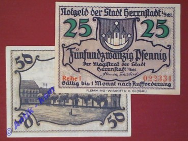 Notgeld Herrnstadt , Schlesien , vollständiger Satz mit 2 Scheinen , Verkehrsausgabe , Grabowski H 31.3  a + b