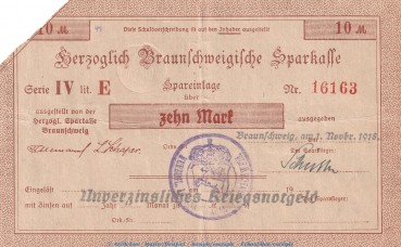 Notgeld Herz. Sparkasse Braunschweig , 10 Mark Schein in gbr.E Geiger 058... von 1918 , Niedersachsen Grossnotgeld