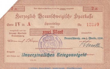 Notgeld Herz. Sparkasse Braunschweig , 2 Mark Schein in gbr.E Geiger 058... von 1918 , Niedersachsen Grossnotgeld