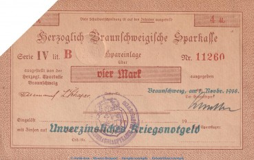 Notgeld Herz. Sparkasse Braunschweig , 4 Mark Schein in kfr.E Geiger 058... von 1918 , Niedersachsen Grossnotgeld