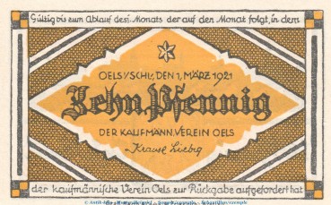 Notgeld Kfm. Verein Oels , 10 Pfennig Schein in kfr. Tieste 5320.05.20 von 1921 , Schlesien Verkehrsausgabe