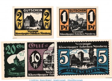 Notgeld Klosettpapierfabriken Heroldsberg 603.1 , Set mit 5 Scheinen in kfr. o.D. Bayern Seriennotgeld