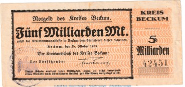 Notgeld Kreis Beckum , 5 Milliarden Mark Schein in gbr. Topp 62.5 von 1923 , Westfalen Inflation