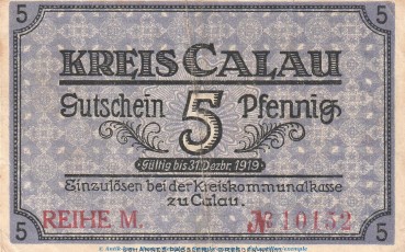 Notgeld Kreis Calau , 5 Pfennig Schein in gbr. Tieste 1060.05.01 von 1918 , Brandenburg Verkehrsausgabe