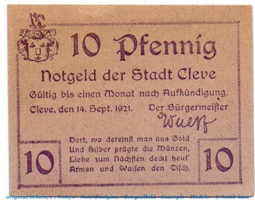 Notgeld Kreis Cleve 1155.20.20 , 10 Pfennig Schein in kfr. von 1921 , Rheinland Verkehrsausgabe