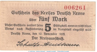 Notgeld Kreis deutsch Krone , 5 Mark Schein in f-kfr. Geiger 098.01 von 1918 , Westpreussen Grossnotgeld