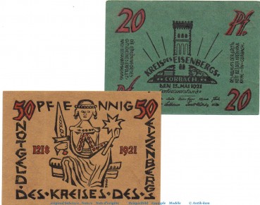 Notgeld Kreis Eisenberg 321.1.a , Set mit 2 Scheinen in kfr. von 1921 , Hessen Seriennotgeld